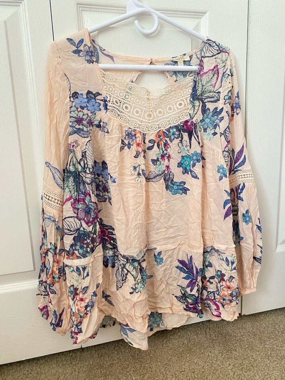 ODDI Pink Floral Boho Lace Inset Long Sleeve Blouse